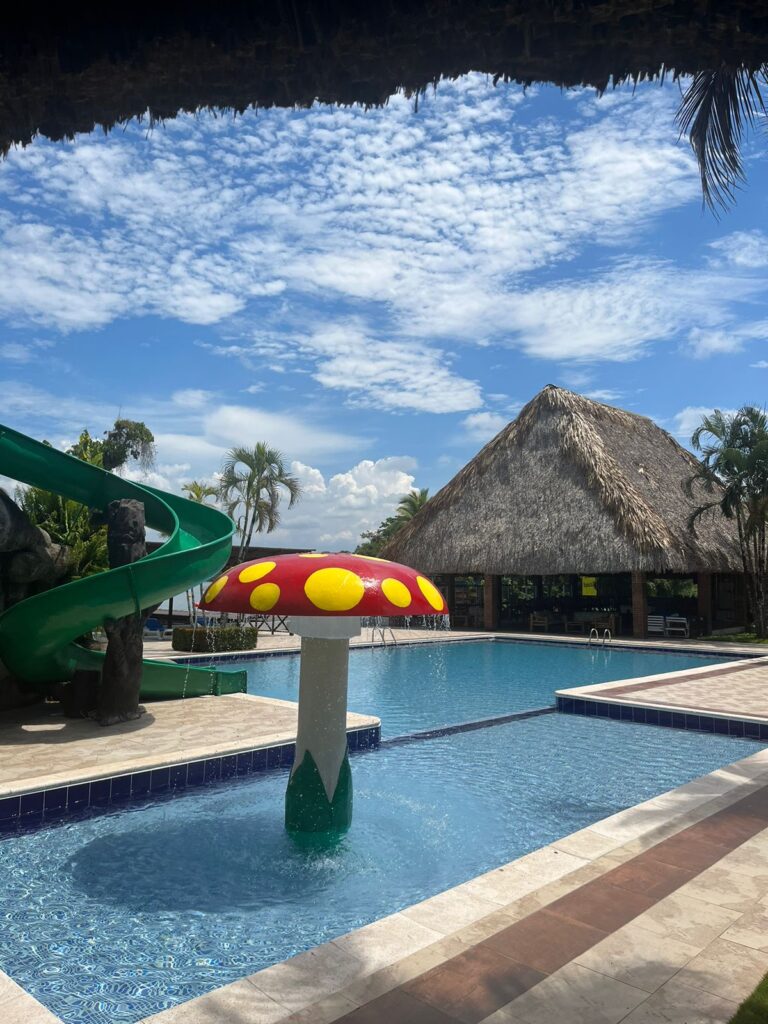 Piscina del hotel con tobogán y palapas